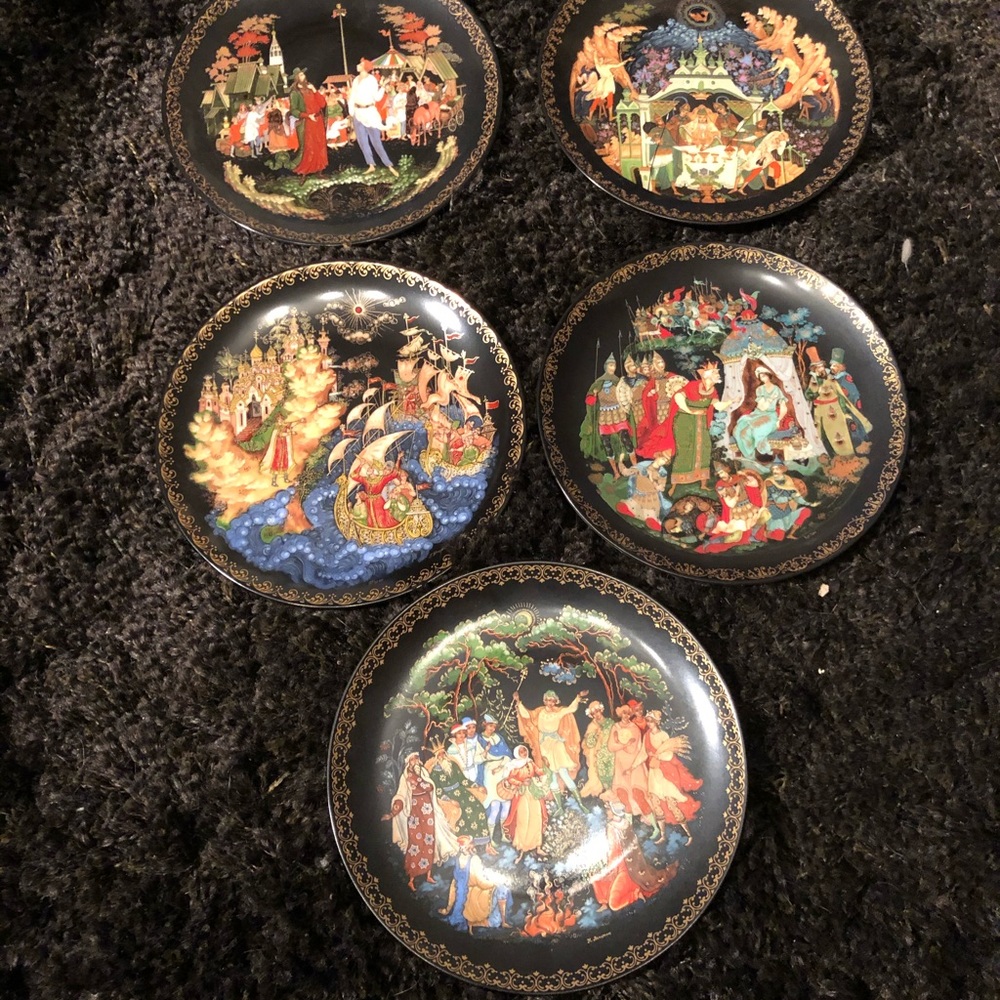Russian decorative legend dishes for sale with papers about each dish included
